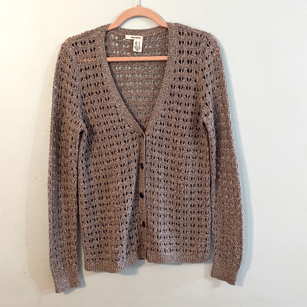 DKNY 5 Button Med Cardigan Brown Tweed Loose Knit